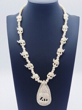 Beautiful Vintage Off White Carved Bone Beaded Elephant Necklace